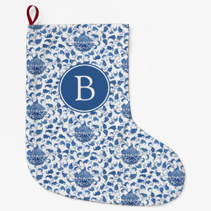 Elegant blauw en wit Chinees vaasprint monogram Grote Kerstsok