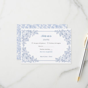 Elegant Blauw en Wit Chinoiserie Bloem Bruiloft RSVP Kaartje