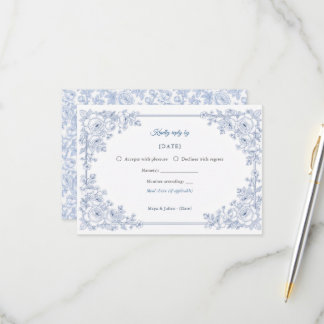Elegant Blauw en Wit Chinoiserie Bloem Bruiloft RSVP Kaartje