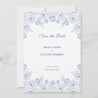 Elegant Blauw en Wit Chinoiserie Bloem Bruiloft Save The Date