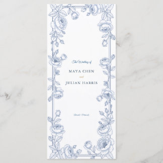 Elegant Blauw en Wit Chinoiserie Bloem Huwelijk Programmakaart