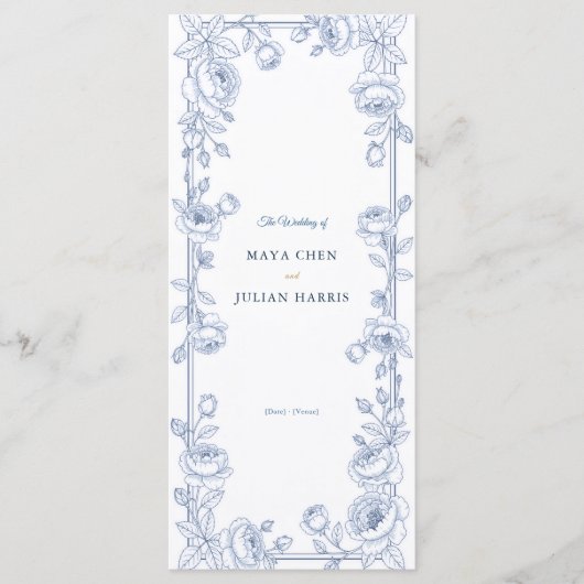 Elegant Blauw en Wit Chinoiserie Bloem Huwelijk Programmakaart (Voorkant)