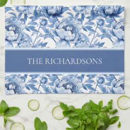 Elegant Blauw en Wit Chinoiserie Bloempatroon Theedoek