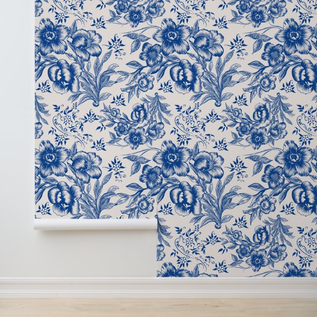 Elegant blauw en wit chinoiseries bloemenpatroon behang (Applicatie)