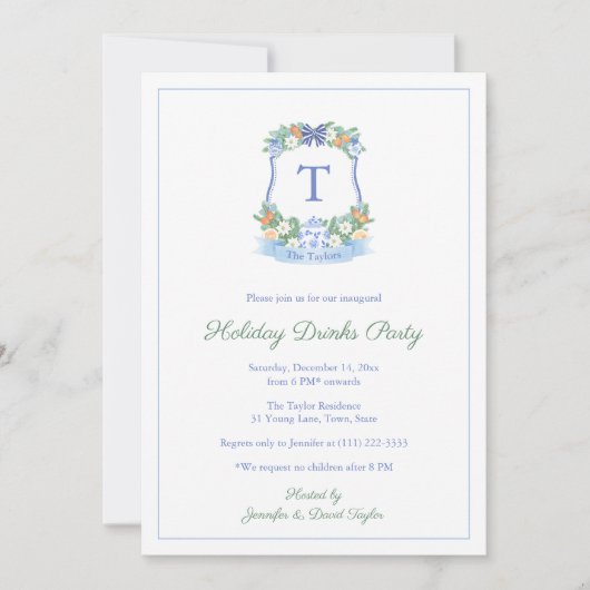 Elegant blauw en wit Citrus Crest Feestdagen Party Kaart (Voorkant)