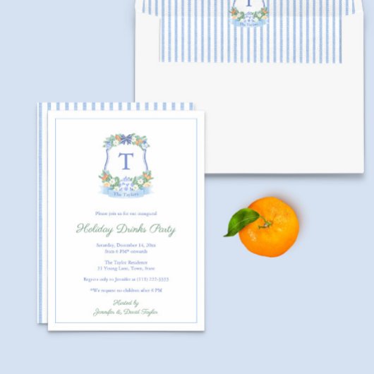 Elegant blauw en wit Citrus Crest Feestdagen Party Kaart