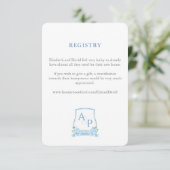 Elegant blauw en wit crest bruiloft register informatiekaartje (Staand voorkant)
