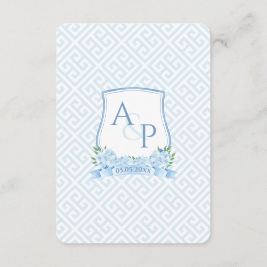 Elegant blauw en wit crest bruiloft register informatiekaartje (Achterkant)