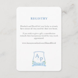 Elegant blauw en wit crest bruiloft register informatiekaartje
