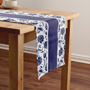 Elegant blauw en wit  Damasks 2 Korte Tafelloper