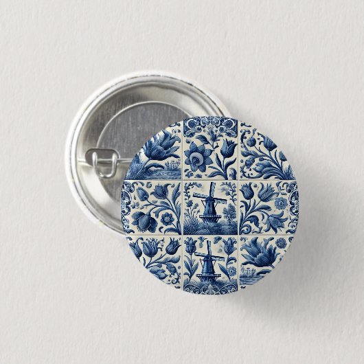 Elegant Blauw en Wit Delft Tegel Ronde Button 3,2 Cm (Voorkant /achterkant)