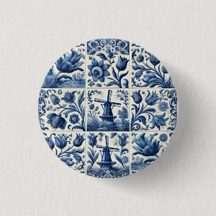 Elegant Blauw en Wit Delft Tegel Ronde Button 3,2 Cm