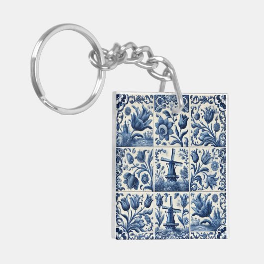 Elegant Blauw en Wit Delft Tegel Sleutelhanger (Voorkant Links)