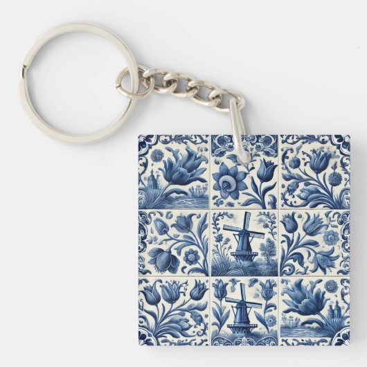 Elegant Blauw en Wit Delft Tegel Sleutelhanger (Voorkant)