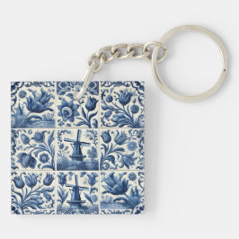 Elegant Blauw en Wit Delft Tegel Sleutelhanger
