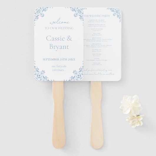 Elegant blauw en wit  fan huwelijksprogramma handwaaier (Voorkant en achterkant)