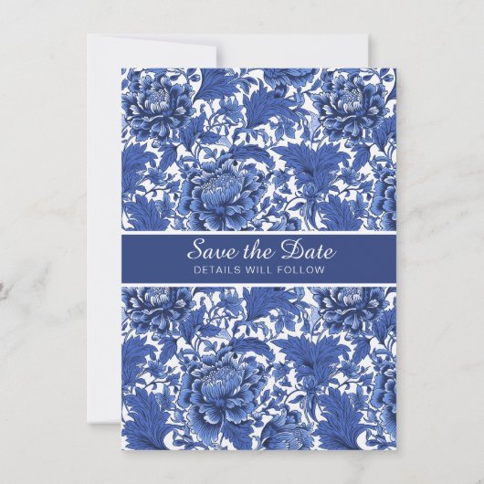 Elegant Blauw en Wit Floral Chintz Kaart (Achterkant)