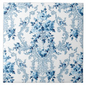 Elegant Blauw en Wit Frans Rococo Bloemen Cerami Tegeltje (Voorkant)
