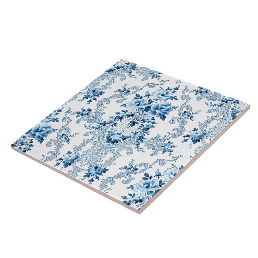 Elegant Blauw en Wit Frans Rococo Bloemen Cerami Tegeltje (Zijkant)