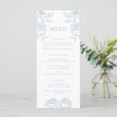 Elegant blauw en wit Franse Rozen bruiloft menu (Staand voorkant)