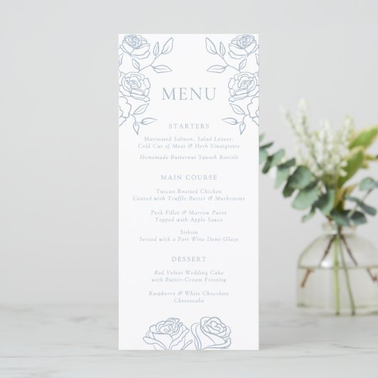 Elegant blauw en wit Franse Rozen bruiloft menu (Staand voorkant)