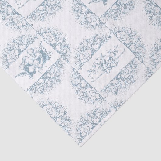 Elegant Blauw en Wit Gegraveerd Bloemen Tissuepapier (Detail)
