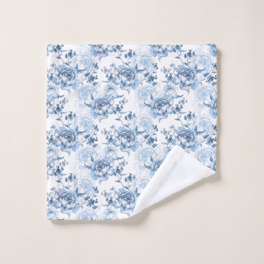 Elegant Blauw en Wit Gegraveerde Pioenrozen Bad Handdoek (Wasdoekje)