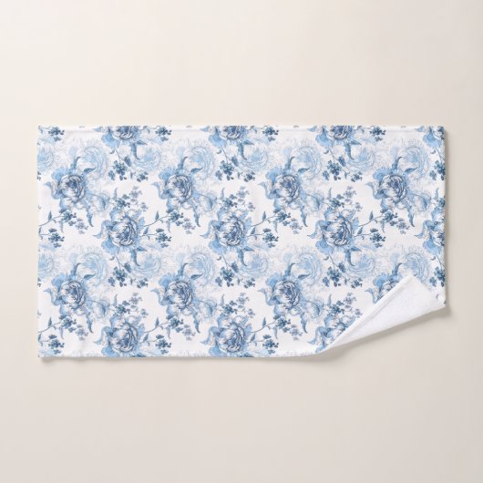 Elegant Blauw en Wit Gegraveerde Pioenrozen Bad Handdoek (Handdoek)