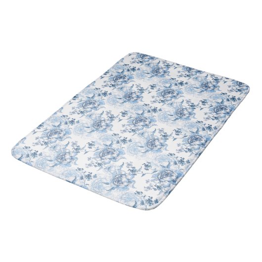 Elegant Blauw en Wit Gegraveerde Pioenrozen Badmat (Gekanteld)