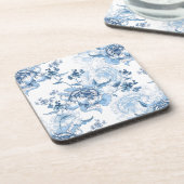 Elegant Blauw en Wit Gegraveerde Pioenrozen Bier Onderzetter (Linkerzijde)