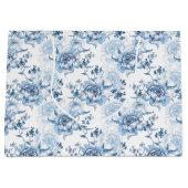 Elegant Blauw en Wit Gegraveerde Pioenrozen Groot Cadeauzakje (Voorkant)