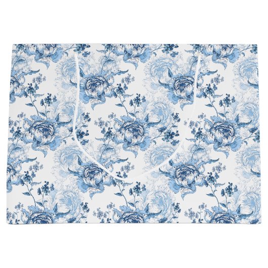 Elegant Blauw en Wit Gegraveerde Pioenrozen Groot Cadeauzakje (Voorkant)