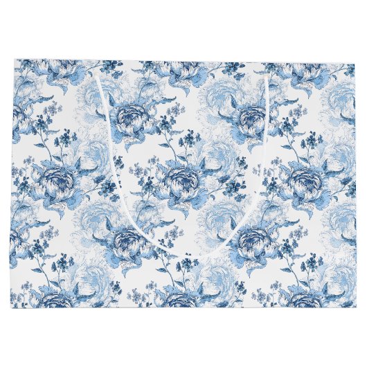 Elegant Blauw en Wit Gegraveerde Pioenrozen Groot Cadeauzakje (Achterkant)