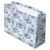 Elegant Blauw en Wit Gegraveerde Pioenrozen Groot Cadeauzakje (Achterkant Gekanteld)