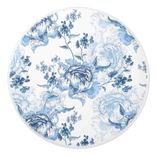 Elegant Blauw en Wit Gegraveerde Pioenrozen Keramische Knop