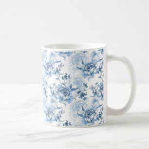 Elegant Blauw en Wit Gegraveerde Pioenrozen Koffiemok