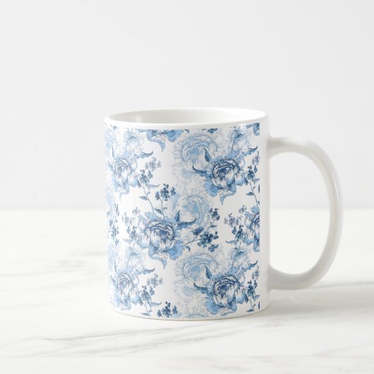 Elegant Blauw en Wit Gegraveerde Pioenrozen Koffiemok (Rechts)