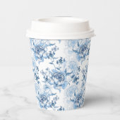 Elegant Blauw en Wit Gegraveerde Pioenrozen Papieren Bekers (Achterkant)