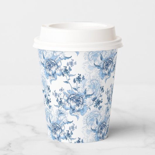 Elegant Blauw en Wit Gegraveerde Pioenrozen Papieren Bekers (Achterkant)