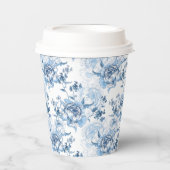 Elegant Blauw en Wit Gegraveerde Pioenrozen Papieren Bekers (Voorkant)