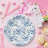 Elegant Blauw en Wit Gegraveerde Pioenrozen Papieren Bordje (Feest)