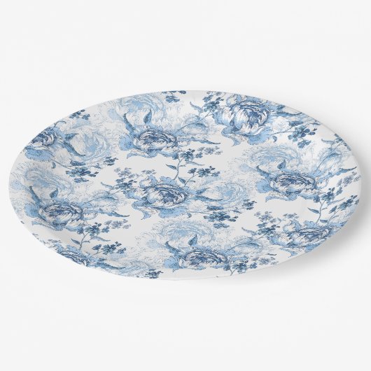 Elegant Blauw en Wit Gegraveerde Pioenrozen Papieren Bordje (Gekanteld)