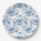 Elegant Blauw en Wit Gegraveerde Pioenrozen Papieren Bordje (Voorkant)