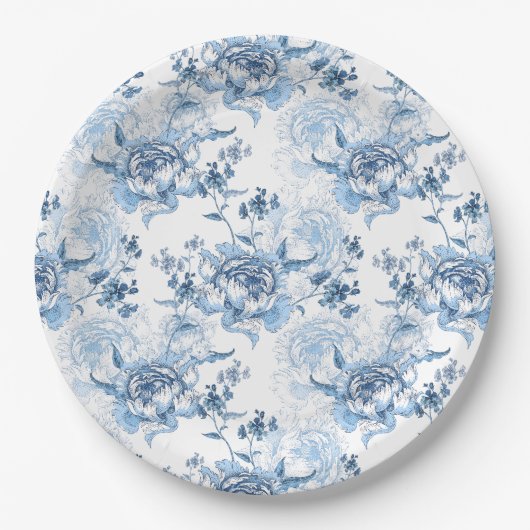 Elegant Blauw en Wit Gegraveerde Pioenrozen Papieren Bordje (Voorkant)