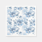 Elegant Blauw en Wit Gegraveerde Pioenrozen Servet (Voorkant)