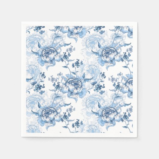 Elegant Blauw en Wit Gegraveerde Pioenrozen Servet (Voorkant)