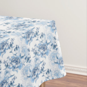 Elegant Blauw en Wit Gegraveerde Pioenrozen Tafelkleed