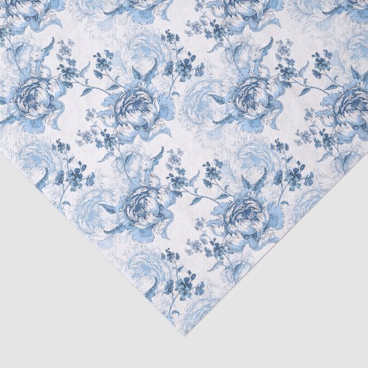 Elegant Blauw en Wit Gegraveerde Pioenrozen Tissuepapier (Detail)