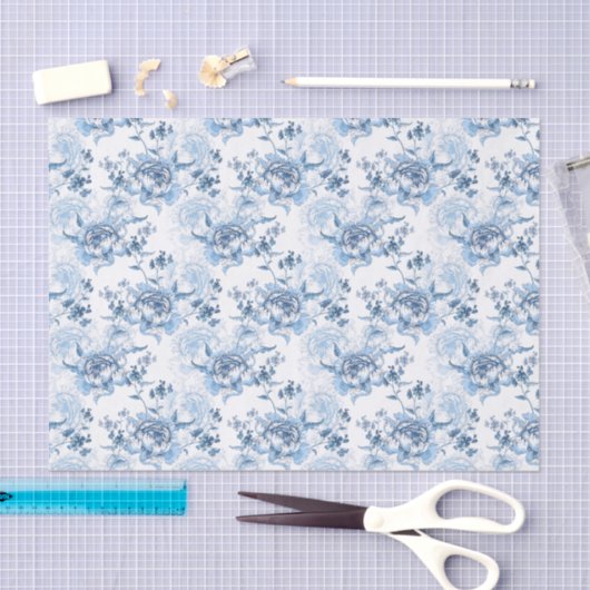 Elegant Blauw en Wit Gegraveerde Pioenrozen Tissuepapier (Craft)