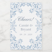 Elegant blauw en wit juichen stijlvolle bruiloft wijn etiket (Enkel label)